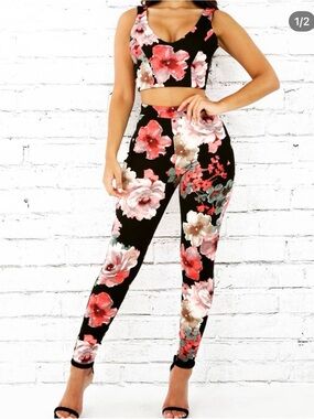 Floral Lace-Up Back Ankle Jumpsuit - Black with Pink & Green Floral
